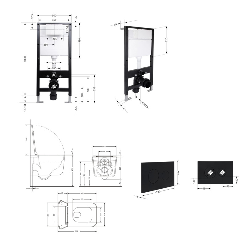 Готове рішення Qtap для ванної кімнати: підвісний унітаз Gemini Ultra Quiet 520x360x350 + комплект інсталяції Standard (кругла клавіша Black)