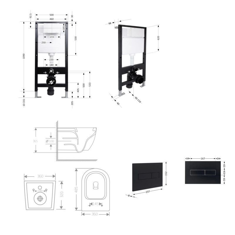 Готове рішення Qtap для ванної кімнати: підвісний унітаз Jay Ultra Quiet 485x360x320 + комплект інсталяції Standard (лінійна клавіша Black)