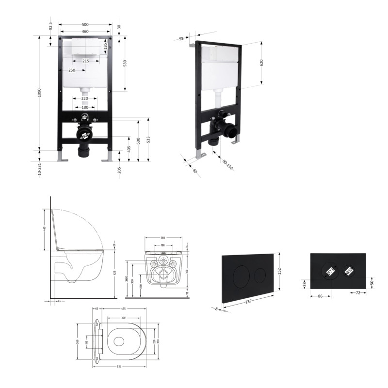 Готове рішення Qtap для ванної кімнати: підвісний унітаз Taurus Ultra Quiet 515x360x350 + комплект інсталяції Standard (кругла клавіша Black)